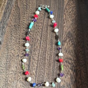 Multi-Color Gemstone and Pearl Station Necklace - Women's Jewelry